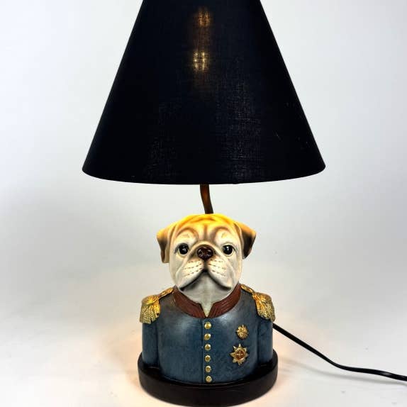 Gentry Pug Table Lamp w/ Black, Gold-Lined Shade for wholesale by McGowan & Rutherford Ltd