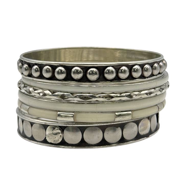 Silver & Ivory Mixed-Pattern Studded Brass Bangle Set for wholesale by Treasure Jewelry