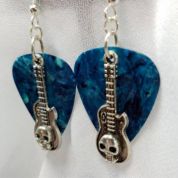 Simply Raevyn - Wholesale Dangle Earrings - Guitar with Skull Charms Guitar Pick Earrings1