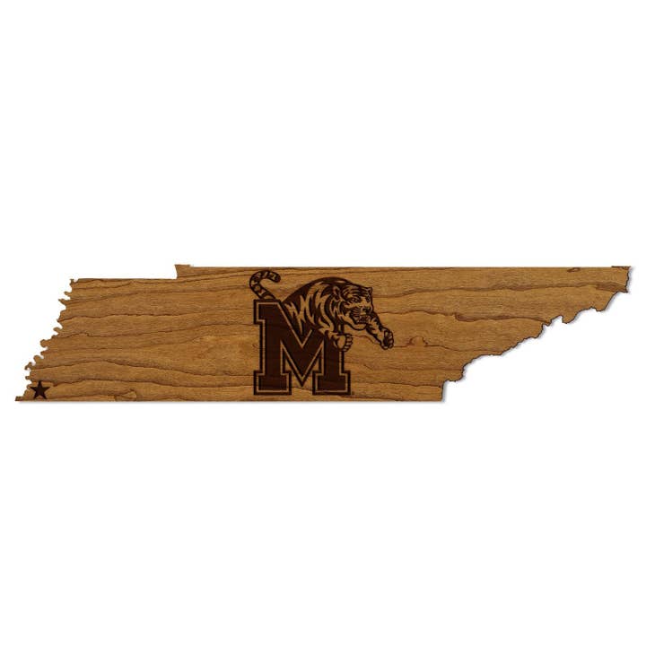 University of Memphis Tigers on State Wall Hanging - Crafted from Cherry and Maple Wood - Memphis Tigers for wholesale by LazerEdge