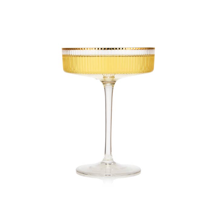 The Wine Savant / Khen Glassware - Wholesale Cocktail/Liquor Glass - Ribbed Art Deco Gilded Crystal Coupe Glasses | Set of 23