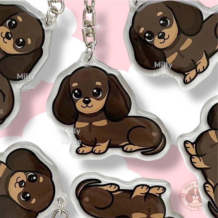 Schokoladen- und lohfarbener Dackel Kurzhaar-Doxie Acryl-Hundeschlüsselanhänger mit Epoxidharz | Einfacher Clip, niedlicher Hundecartoon, handgezeichnetes Design, Geschenk für Hundeliebhaber für den Großhandel von Milly Made Designs