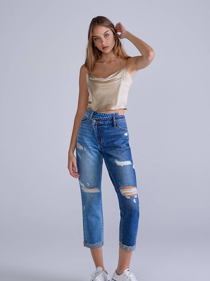 Women's Two Toned High Rise Distress Boyfriend Denim Jeans for wholesale by Ceros Jeans