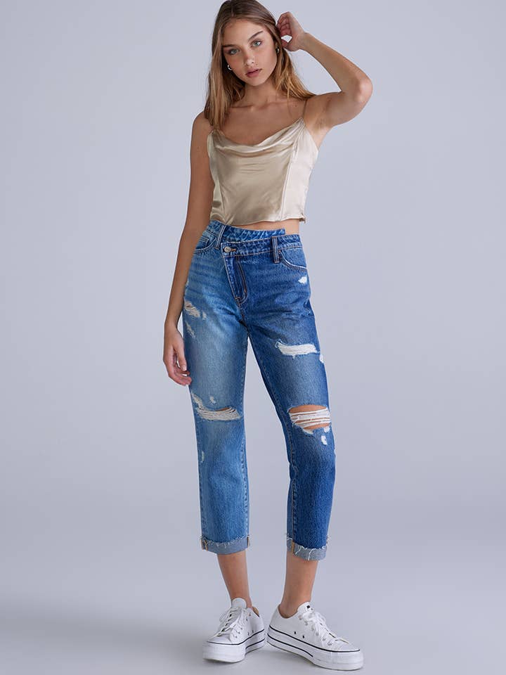 Kvinnors två tonade High Rise Distress Boyfriend Denim Jeans för wholesale av Ceros Jeans