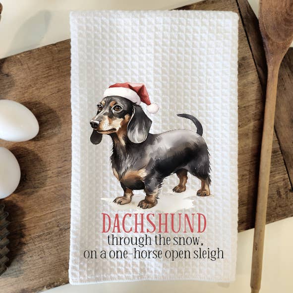 Torchon à vaisselle en tissu gaufré pour chien de Noël Teckel pour la vente par Prairie Chicken Sticker Shop & Gifts