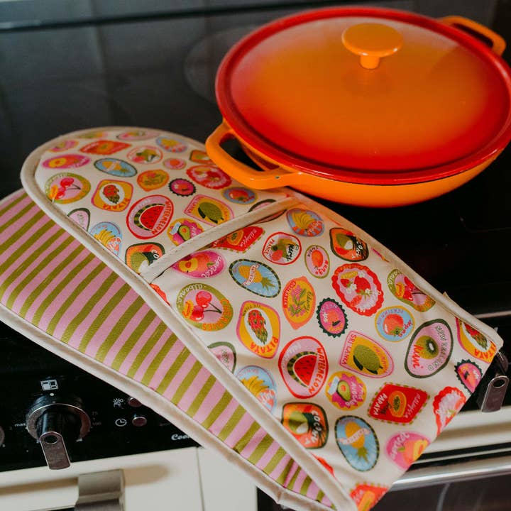 Fruit Stickers Organic Cotton Oven gloves for wholesale by Laura Barnes Wholesale Ltd
