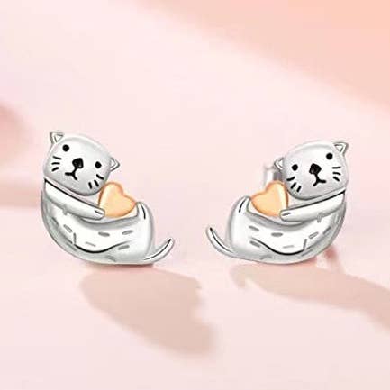 Silver Sea Otter Heart Stud Earrings in Solid Copper for wholesale by Perimade & Co. LLC
