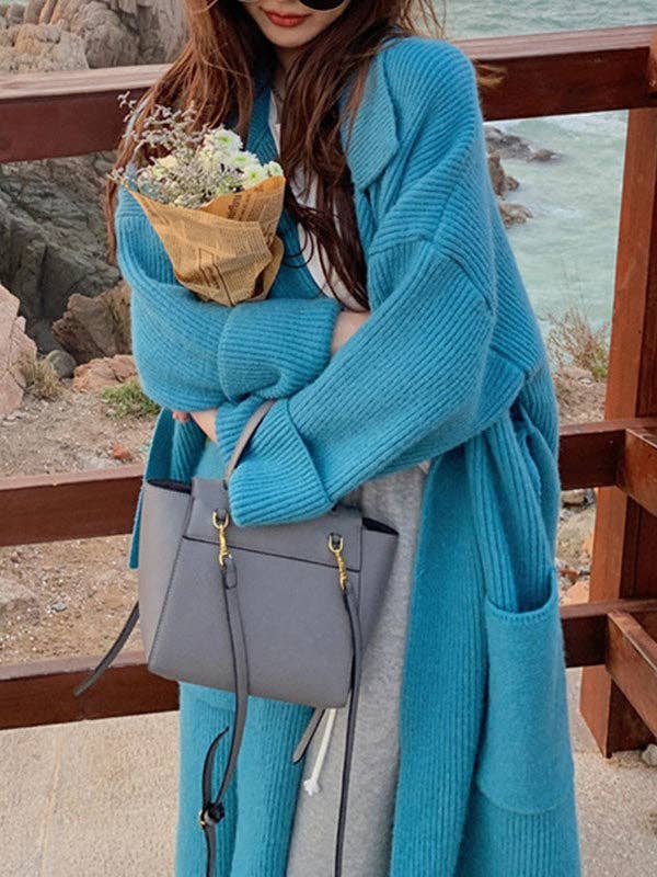 StyleGalX - Wholesale Cardigan - Women's - Long Sleeves Loose Pockets Solid Color Tied Waist Notched Collar Cardigan Coats0