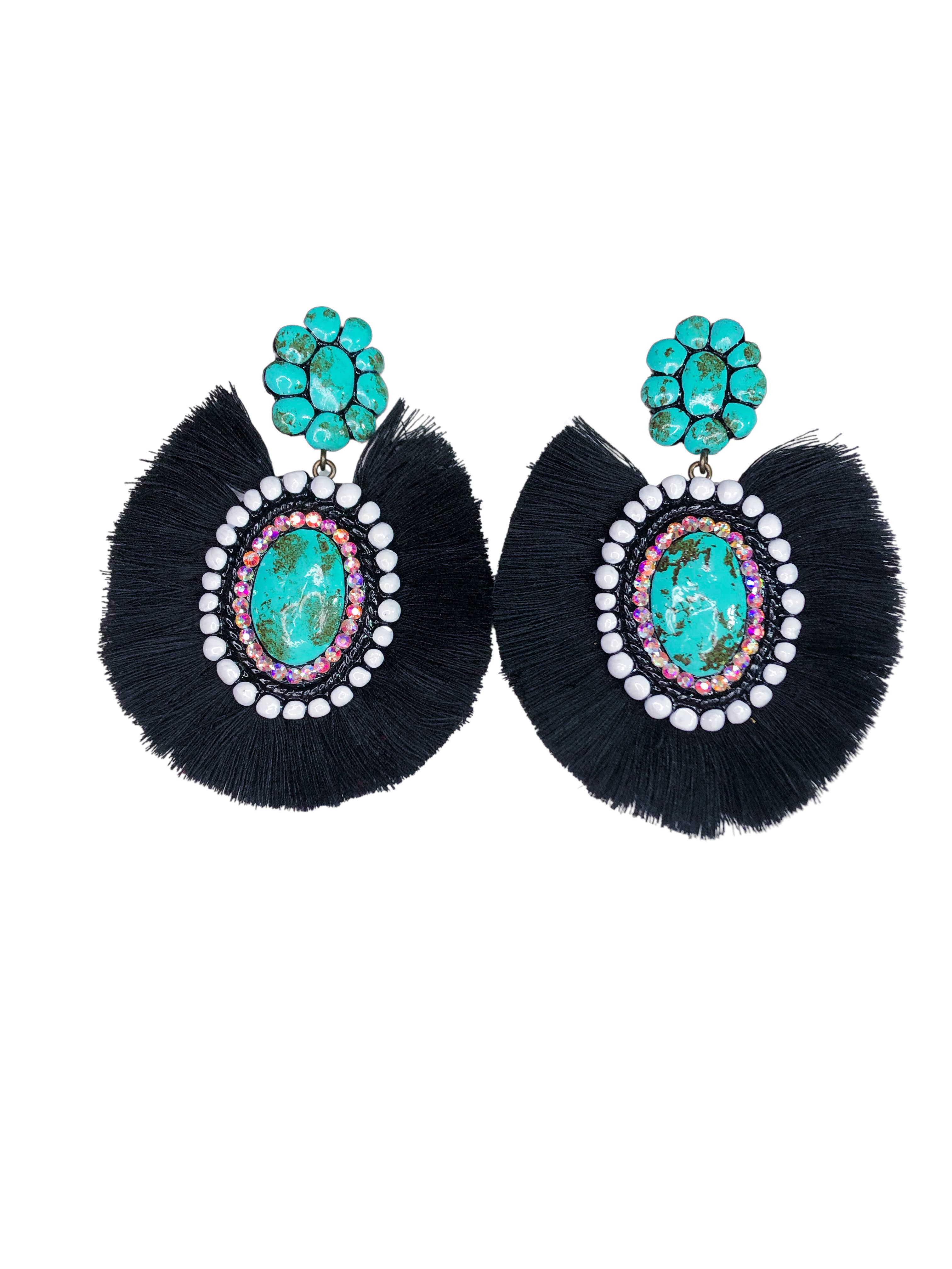 Nomadic Brunette - Wholesale Dangle Earrings - Marle Concho Earrings- Turquoise Stone with Black Fringe Western Handmade Clay1