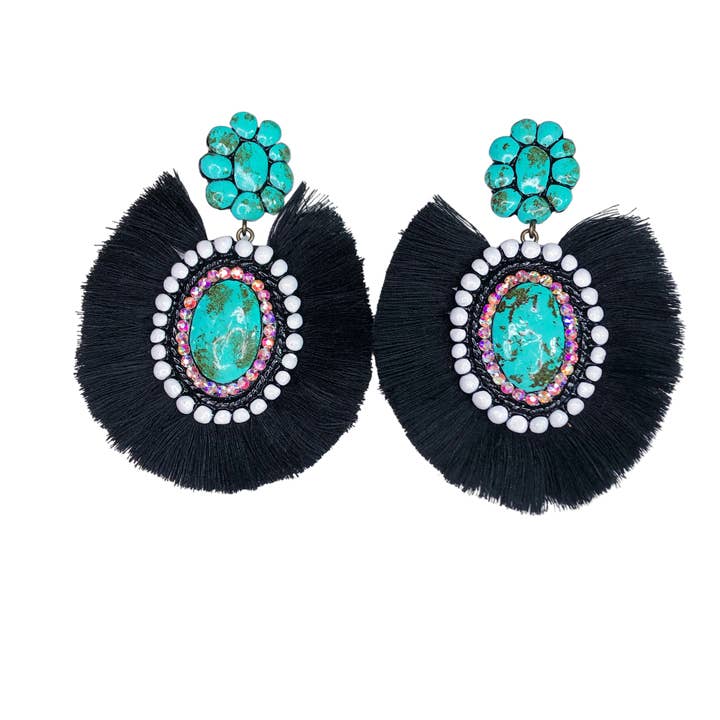 Nomadic Brunette - Wholesale Dangle Earrings - Marle Concho Earrings- Turquoise Stone with Black Fringe Western Handmade Clay1