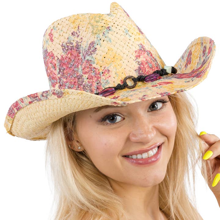 Cap Zone - Wholesale Cowboy Hat - Women's - Floral Print Raffia Straw Cowboy Hat