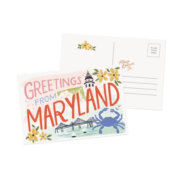 Greetings From Maryland Postcard for wholesale by Anchor Point Paper Co.