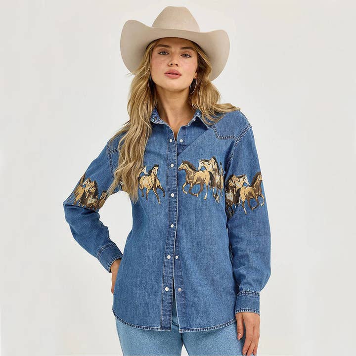 Retro Denim Shirt Jacket With Horse Print for wholesale by Plush Looks
