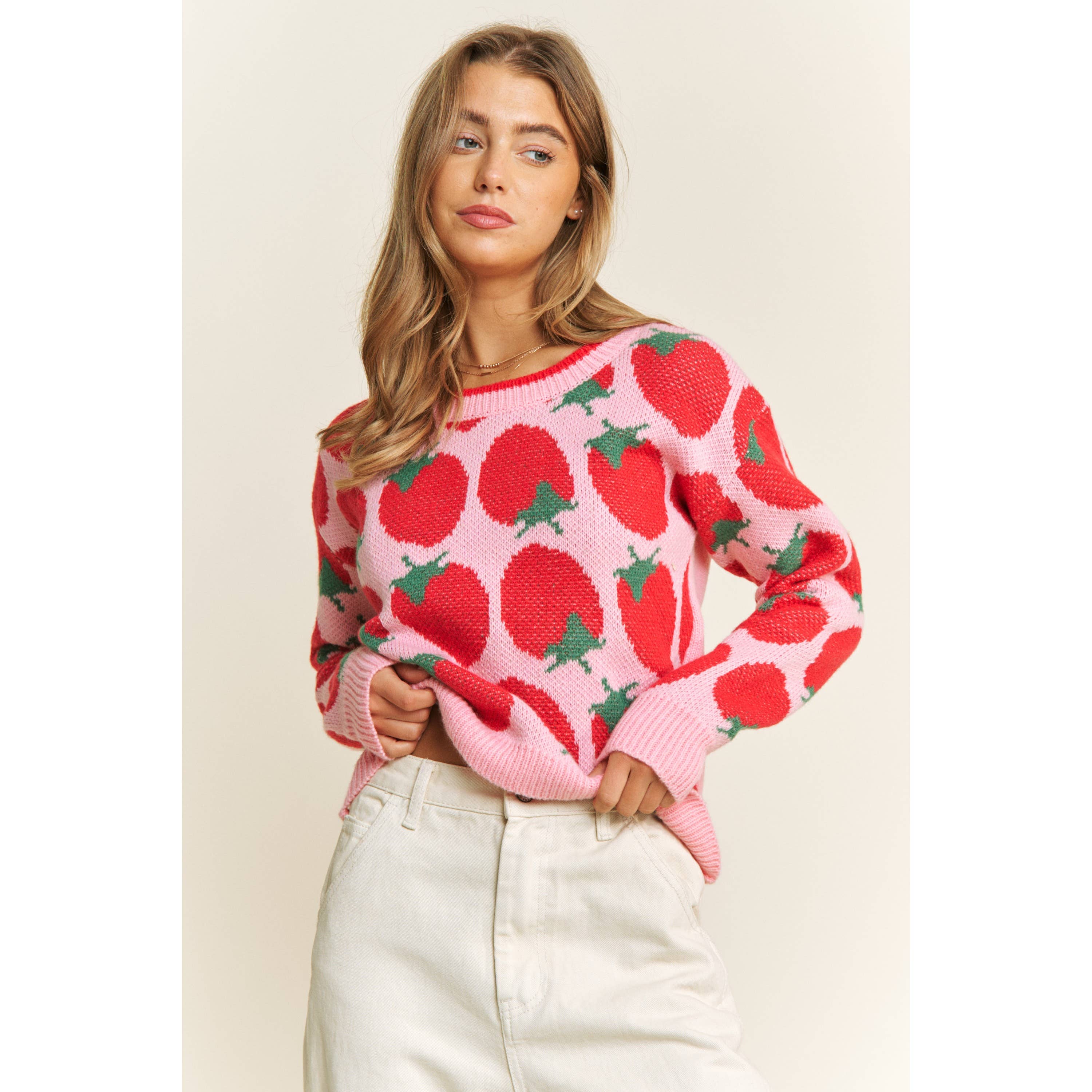 Pink Multi CUTE STRAWBERRY JACQUARD CASUAL PULLOVER SWEATER for wholesale on Faire4
