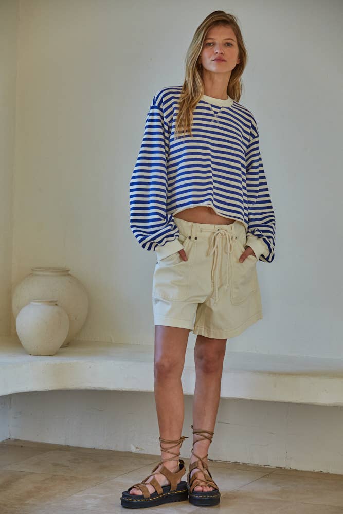 Ivory Navy L8344 | Knit Cotton Striped Crew Neck Long Sleeve Pullover for wholesale on Faire1