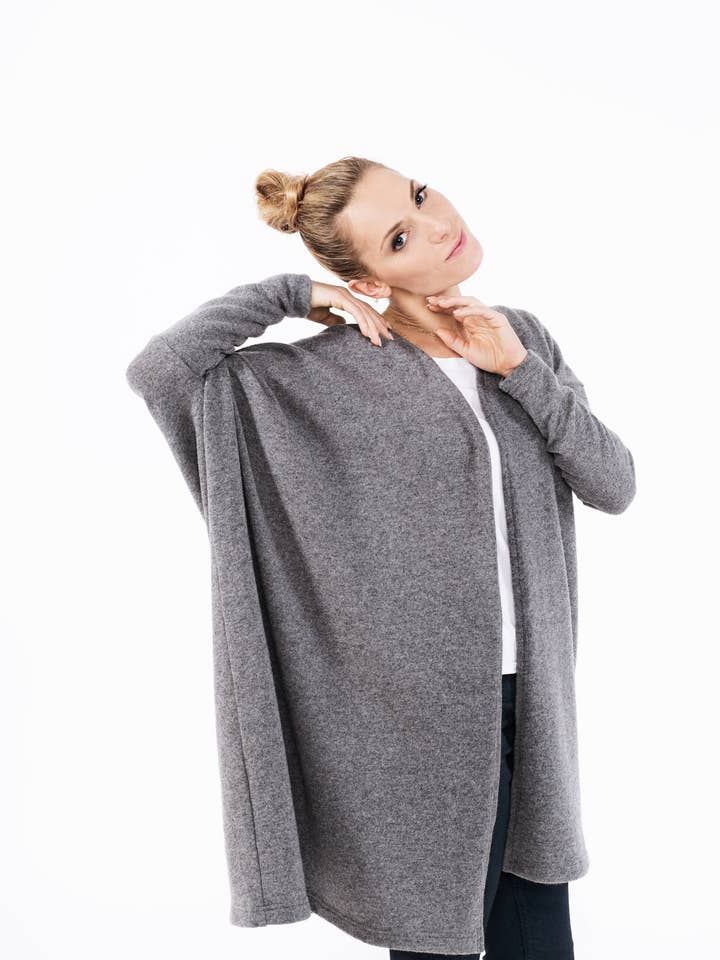 Gray Wool Cardigan, Loose Oversized Sweater Vest, Long Open for wholesale by LeMuse