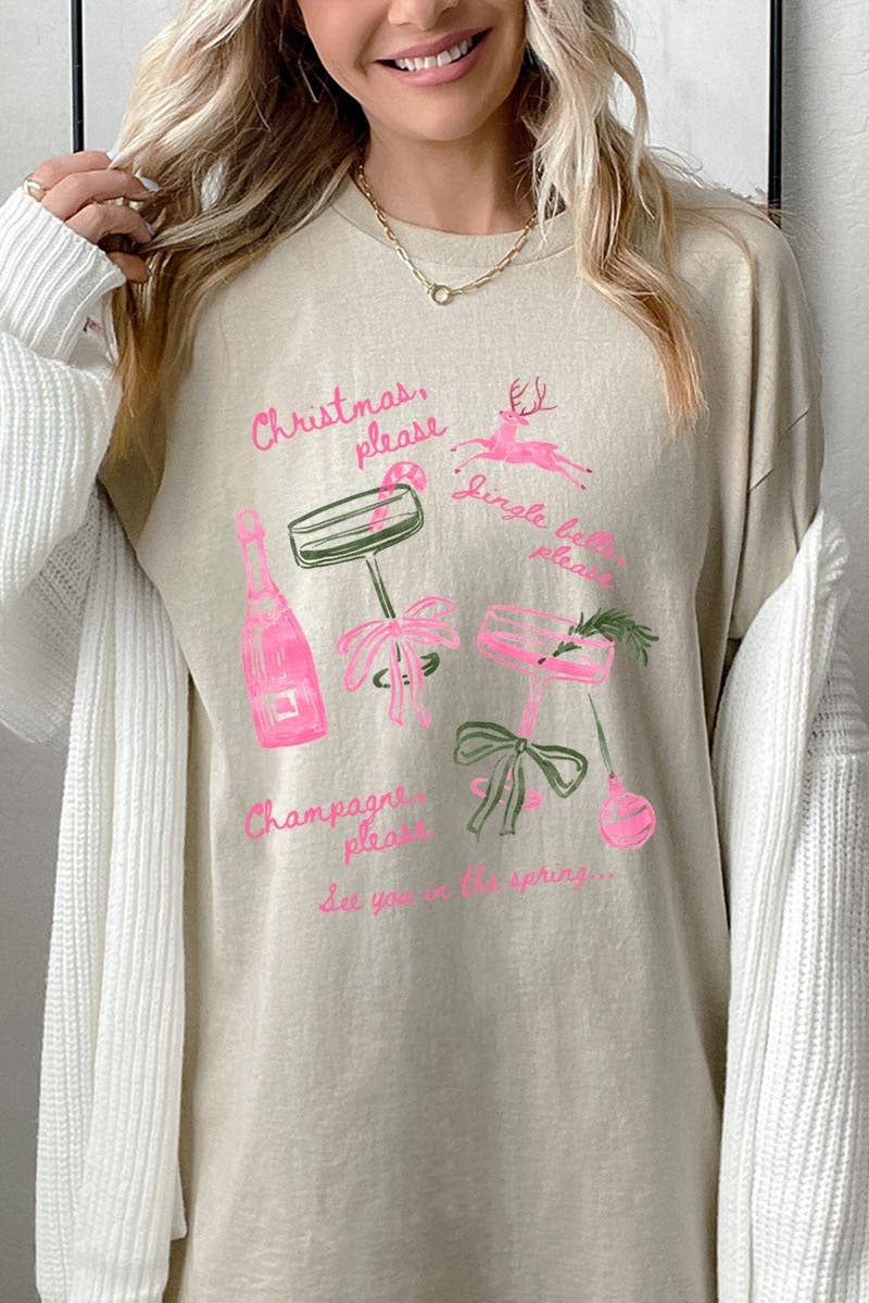 COLORBEAR – T-shirt gráfica - Mulher por atacado – T-shirt de Algodão Pesado com Gráfico de Champanhe de Natal2