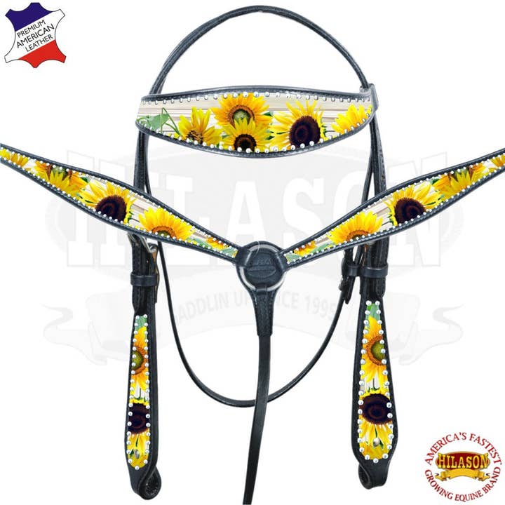HILASON Bride et Collier de Poitrine Western pour Cheval en Cuir Américain Tournesol | Ensemble de Harnais pour Chevaux pour la vente par HILASON