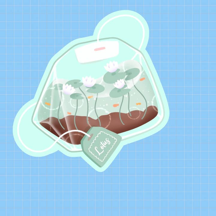 Fable and Flame Co. - Wholesale Sticker - Lotus Blossom Tea Bag 2.5" Hand Drawn Vinyl Sticker1
