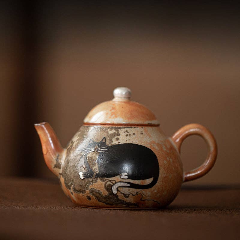 Gohobi （We cover U.S. import duties） – chaleira por atacado – Gohobi Bule de Chá de Gato Pintado à Mão com Tinta Preta Feito à Mão 0126