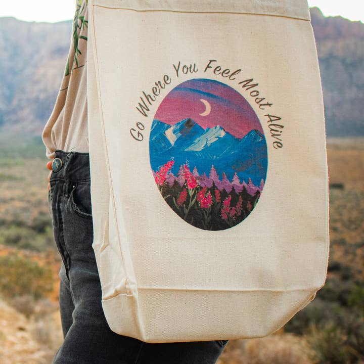 "Go Where You Feel Most Alive" Mountain Tote for wholesale by The Lost Journalist