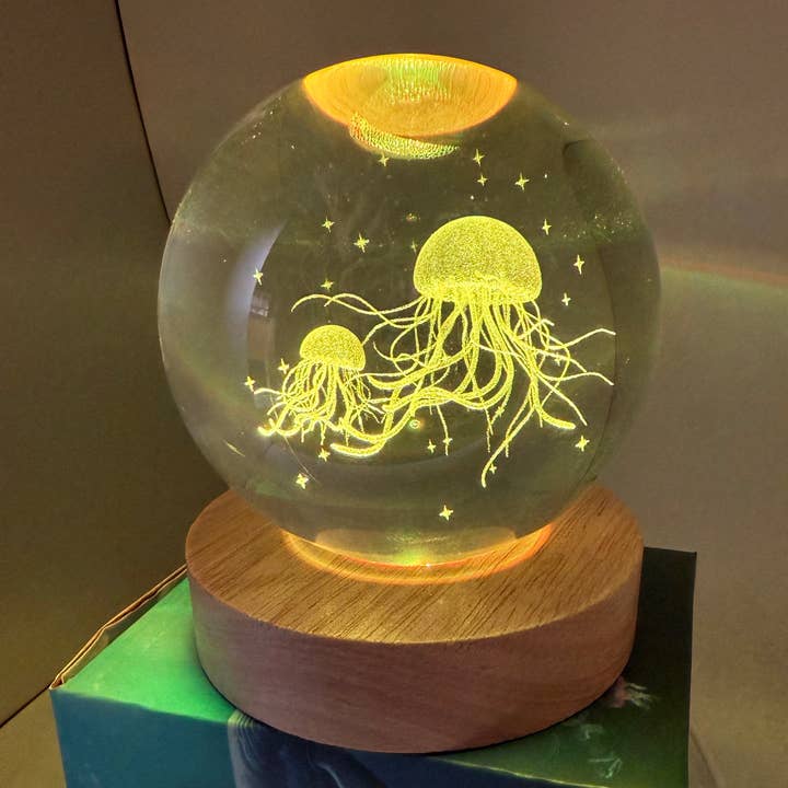 29 Tonight - Wholesale Decorative Tabletop Object - Light changing 3D 60mm Etched Glass on Wood Base-Jellyfish 1