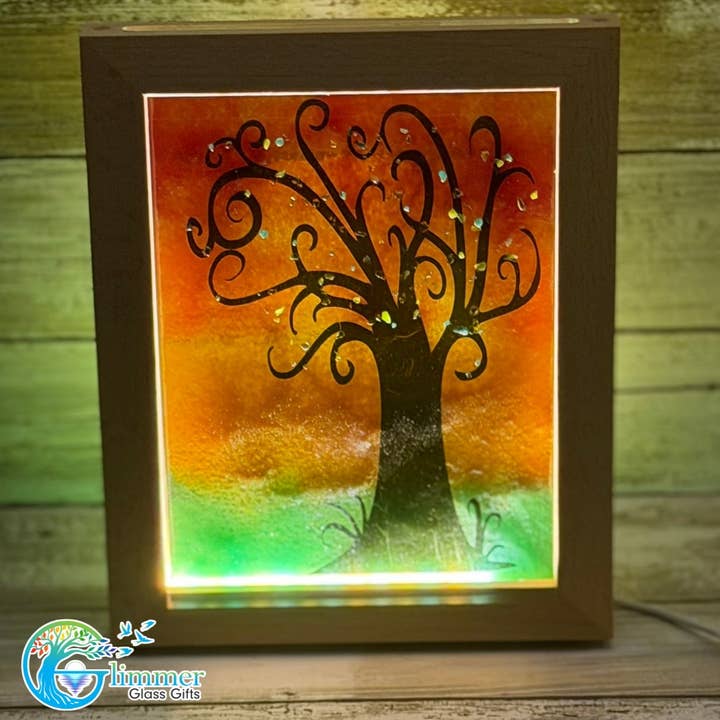 Tree - Fused Glass Framed Art with LED lighted base for wholesale by Glimmer Glass Gifts