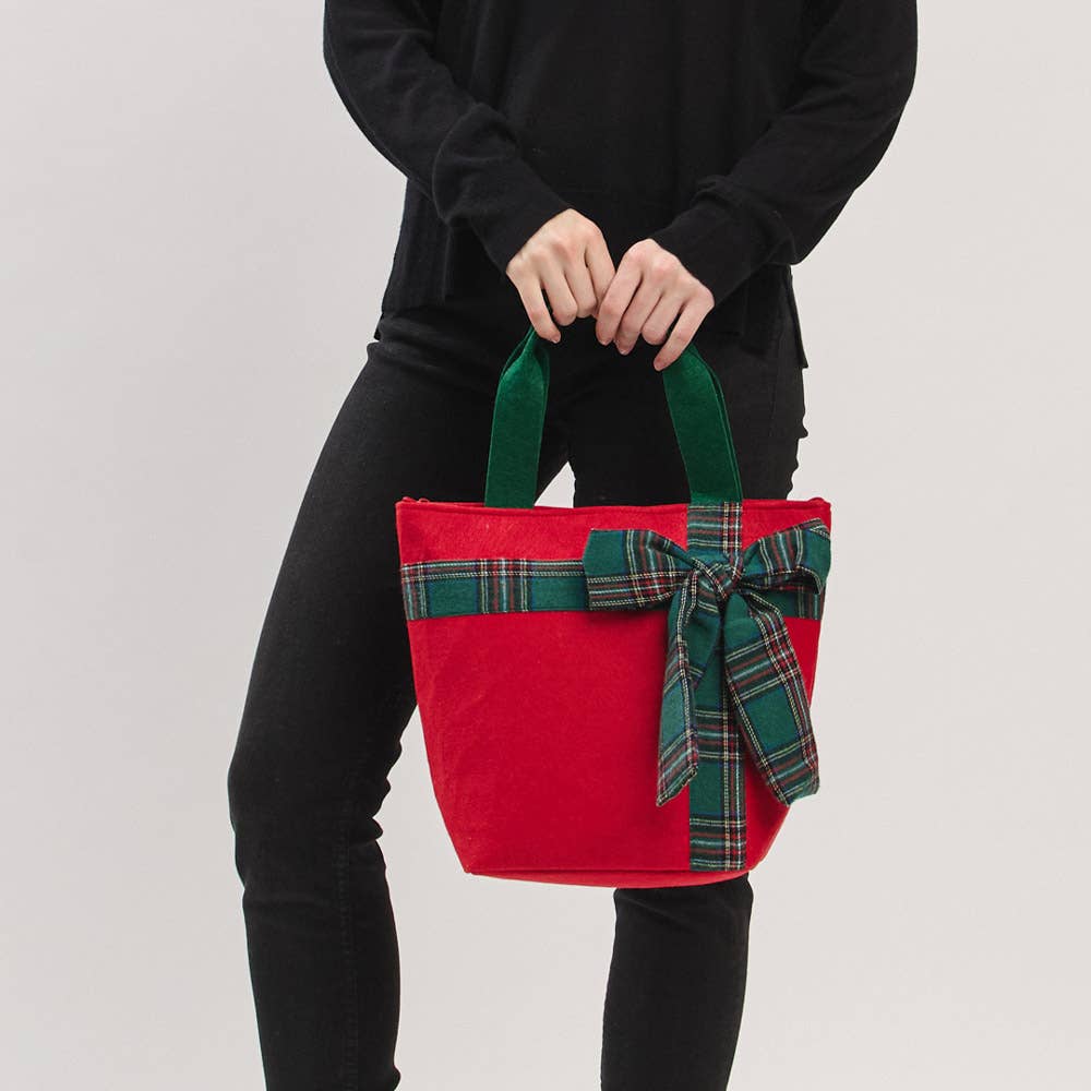 JOIA ACCESSORIES - Wholesale Tote Bag - Women's - CHRISTMAS GREEN TOTE BAG WITH RED PLAID BOW, MB 032115
