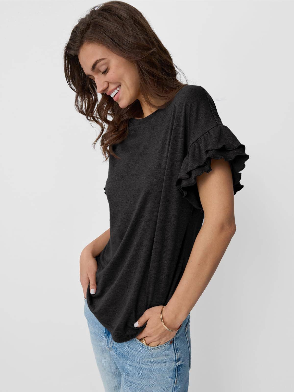 Suhkasana - Vendita all'ingrosso Maglietta - Donna - Maglietta da donna con maniche a volant e scollo tondo – Top estivo casual a tinta unita17