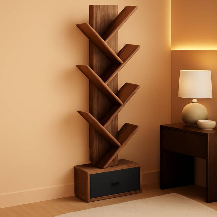 Rustic Brown 7 Shelf Tree Bookshelf With Drawer Living Room for wholesale by ShipItFurniture