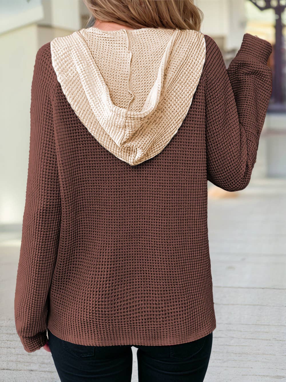 1 the Woman - Wholesale Hoodie - Women's - Waffle Contrast Half Buttoned Hooded Pullover Top4