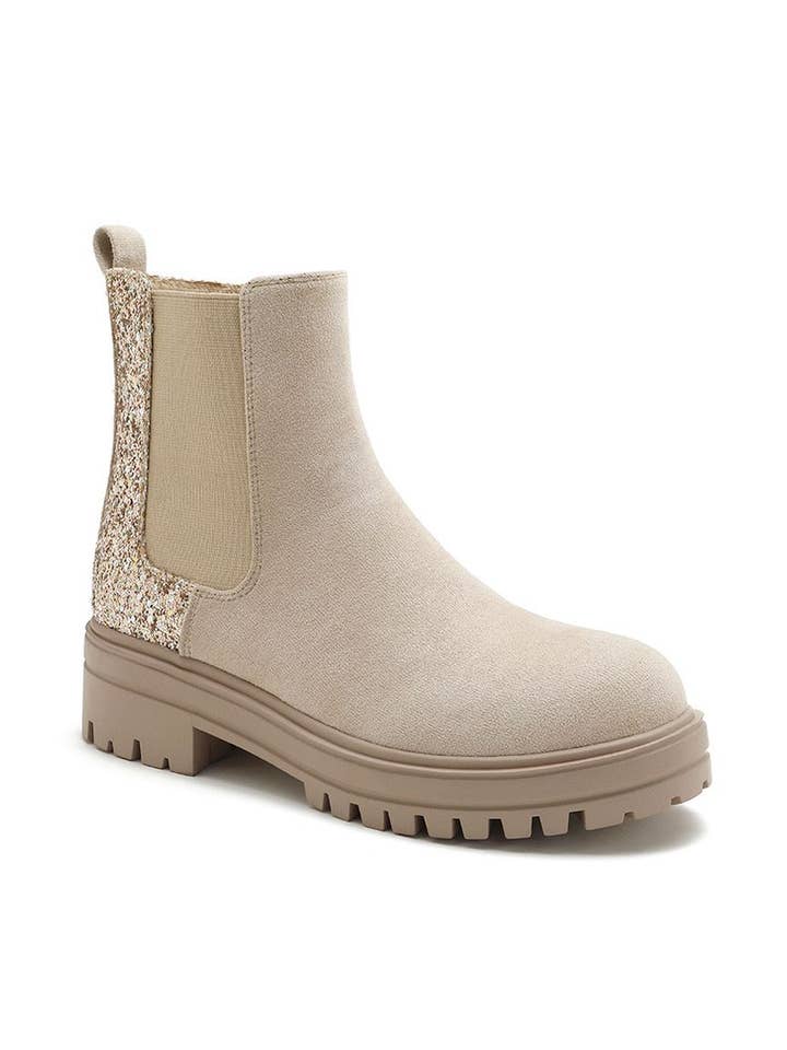 BEIGE FAUX SUEDE GLITTERY CHUNKY ZIP ON ANKLE BOOTS for wholesale on Faire