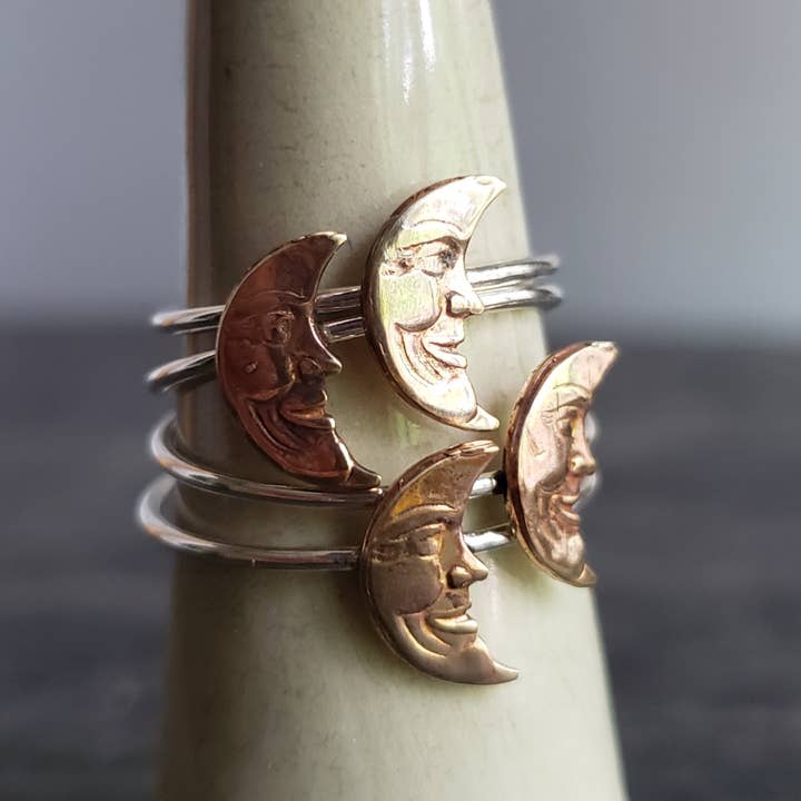 Man on the Moon Crescent Face Copper & Sterling Silver Ring for wholesale by Verdilune