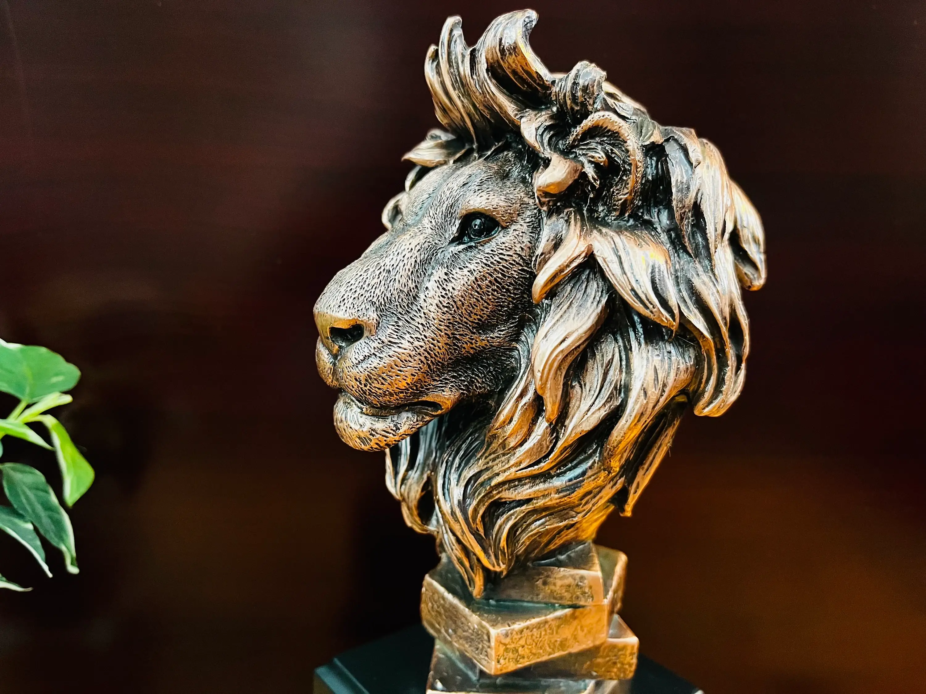 KSR Designs - Wholesale Sculpture - Bronze Finish Lion Head Sculpture on Base, 9"H x 3.50"W2