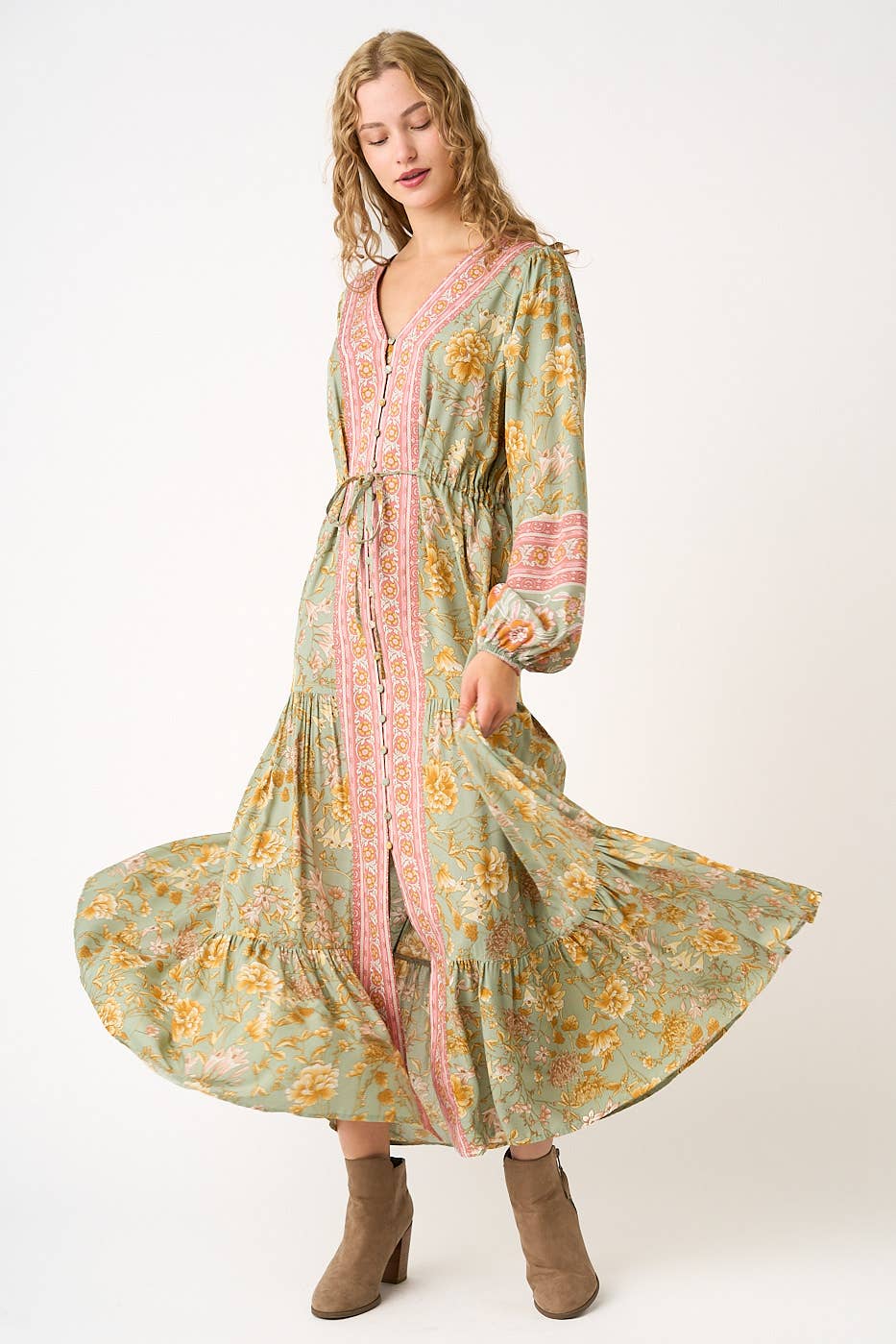 SAGE BOHO FLOWER BORDER PRINT LONG SLEEVE MAXI DRESS for wholesale on Faire5
