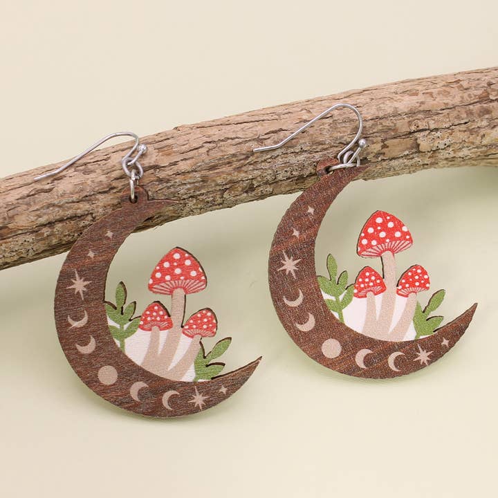 Natural Mystic Wood Mushroom Moon Earrings for wholesale by ZAD
