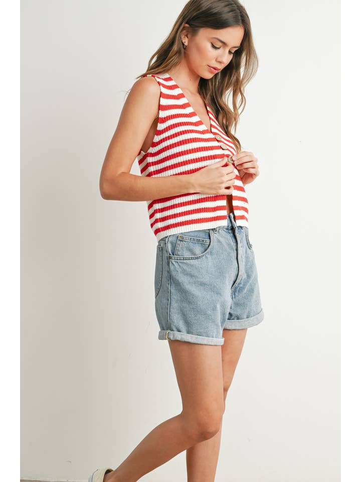 BUTTERMELON - Wholesale Sweater Vest - Women's - Striped Button-Front Sweater Vest - BMW77331