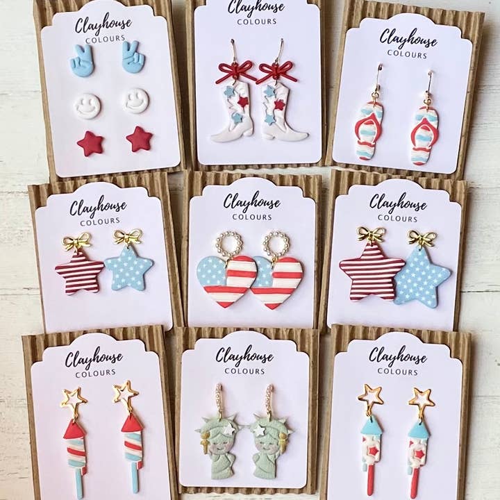 Clayhouse Colours - Wholesale Dangle Earrings - Fourth of July Handmade Earrings | Red White & Blue Earrings