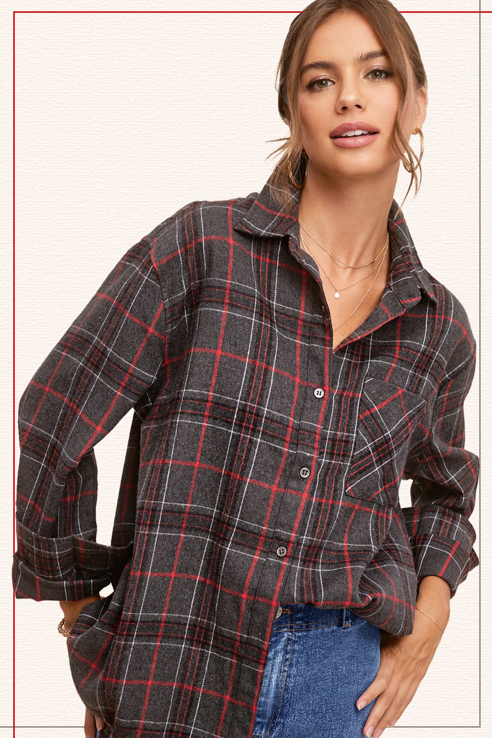 La Miel - Wholesale Button Down Shirt - Women's - SRT1312-Loose Fit Button Down Soft Fabric Plaid Shirts16