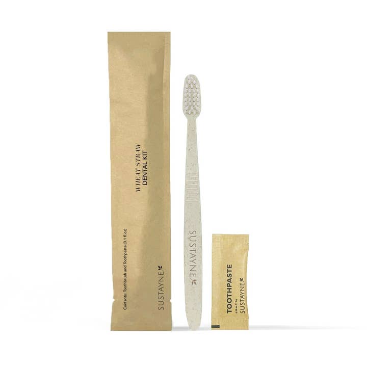 Wheat Straw Toothbrush and 3g Kraft Sachet Toothpsate for wholesale by Sustayne