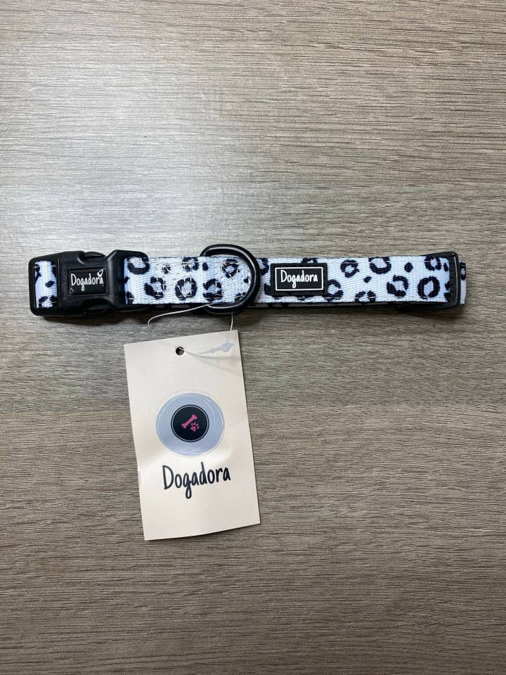 Snow Leopard Dog Collar - Black and White Leopard Print for wholesale by Dogadora