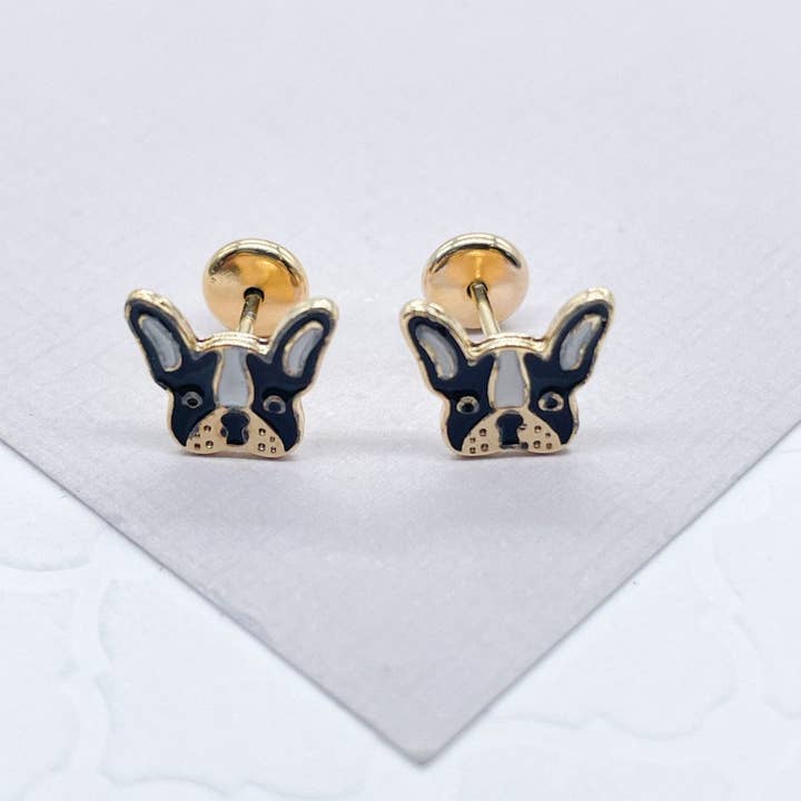 18k GF Enamel French Bulldog Face Stud Earrings Col for wholesale by Milie