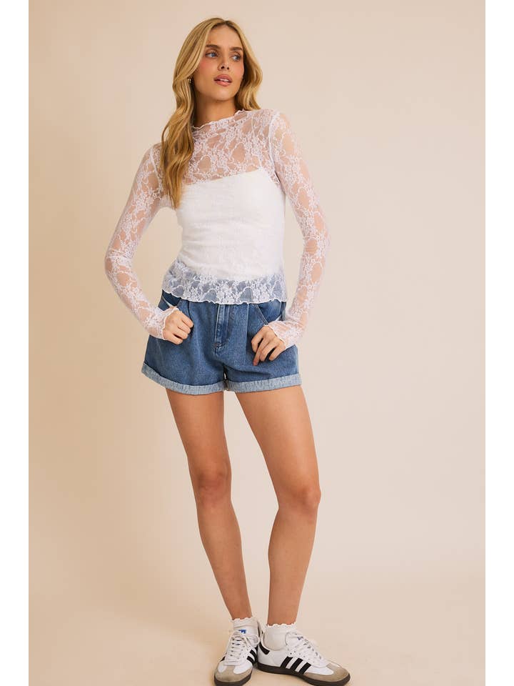 GILLI - Wholesale Knit Top - Women's - LONG SLEEVE MERROW HEM FLORAL MESH TOP