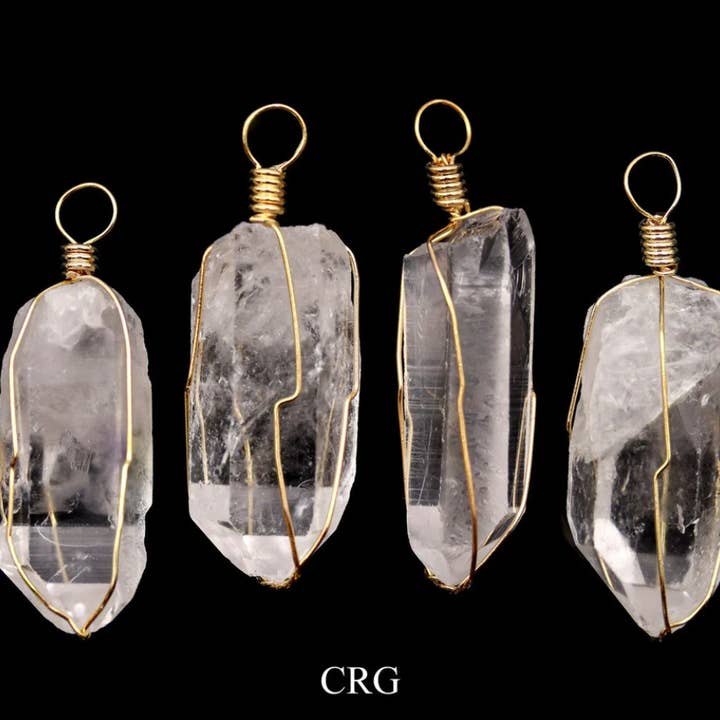 SET OF 4 - Quartz Crystal Point Pendant with Gold Wire Cage / 1"-2" AVG for wholesale by Crystal River Gems LLC