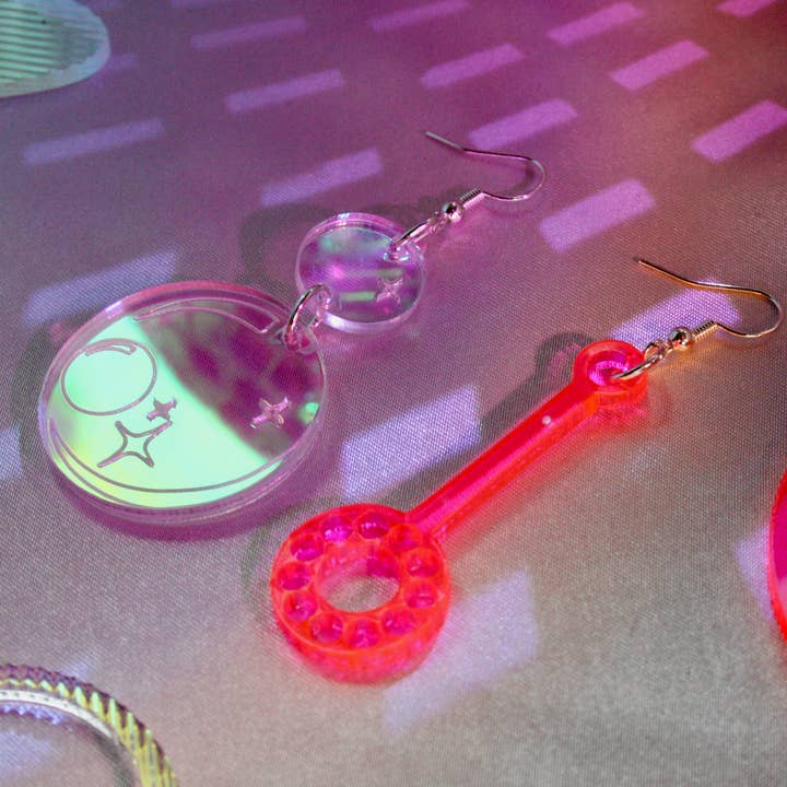 Moonstruck Designs PDX - Wholesale Dangle Earrings - Bubble Wand Earrings- Iridescent Hot Pink Kawaii Sweet Light