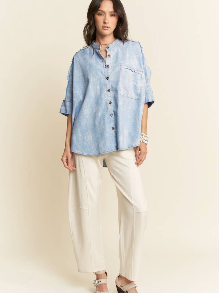 WASHED DENIM STAND COLLAR FRINGE HEM LOOSE SHIRT for wholesale on Faire5