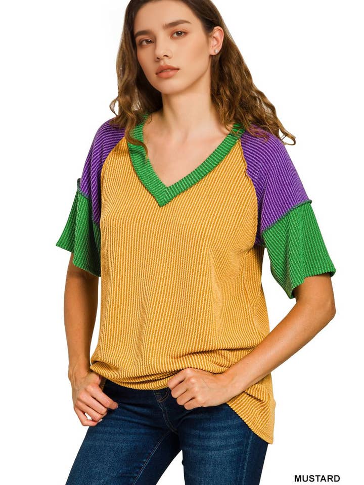 42POPS - Wholesale Knit Top - Women's - ,..._ Mardi Gras Tri-color Contrast Trim Top SI-288534