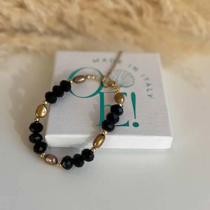 FIAMMA BLACK – Bracelet with half crystals and pearls for wholesale by OE!