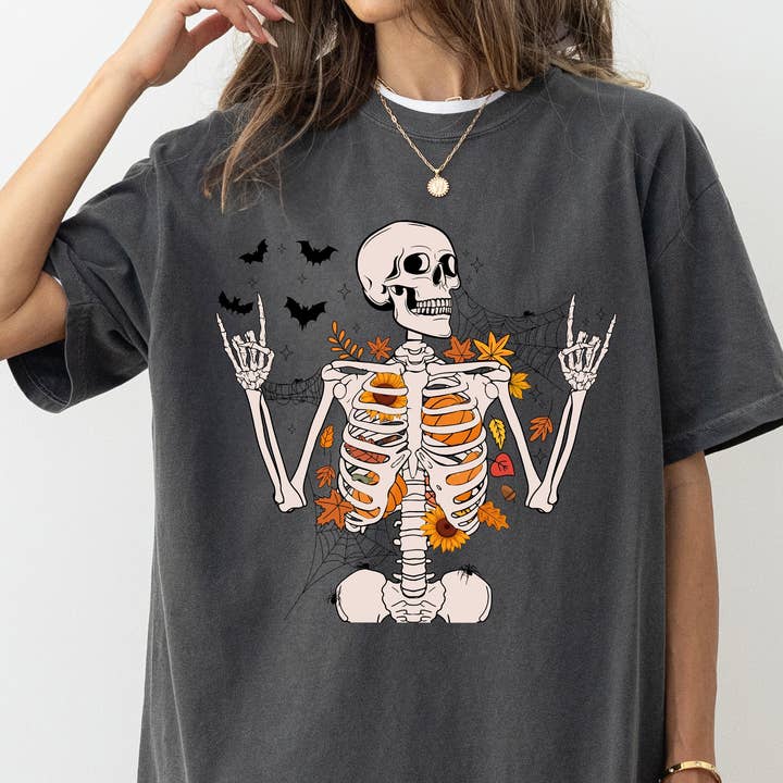 Funny Skeleton, Flowers, Rock, Western, Halloween Tshirt for wholesale by Refinery Number One LLC