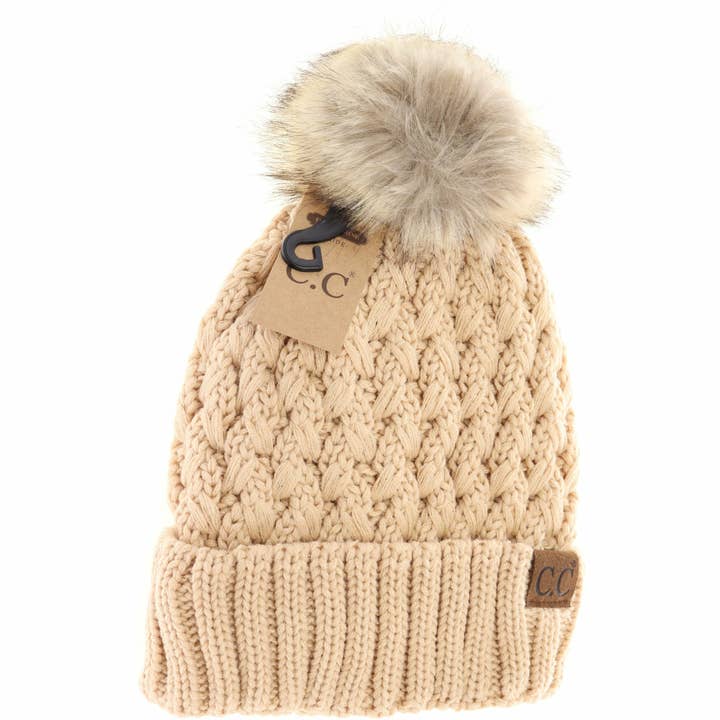 C.C Beanie - Wholesale Beanie - Women's - Solid Lattice Stitch Fur Pom CC Beanie YJ826